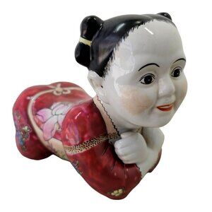 19th C Famille Rose Porcelain Opium Pillow Hand Painted Kneeling Child Sculpture